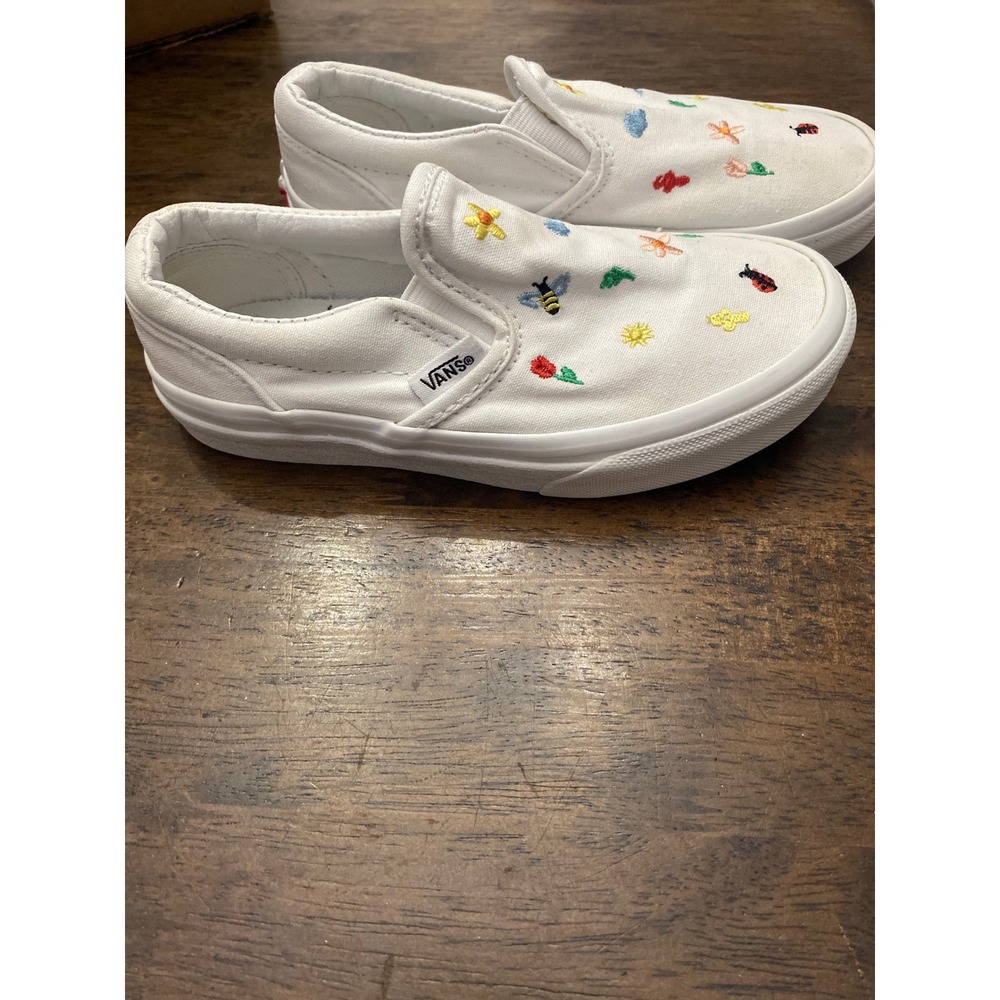 Vans girls Classic SlipOn White Canvas Embroidered Nature Ladybug Bee Shoes 12.5 - Picture 3 of 6